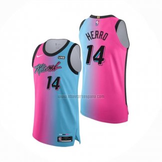 Camiseta Miami Heat Tyler Herro NO 14 Ciudad 2020-21 Autentico Azul Rosa